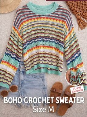 Colorful Crochet Knit Sweater Size M Boho Festival Lightweight Open Knit Summer